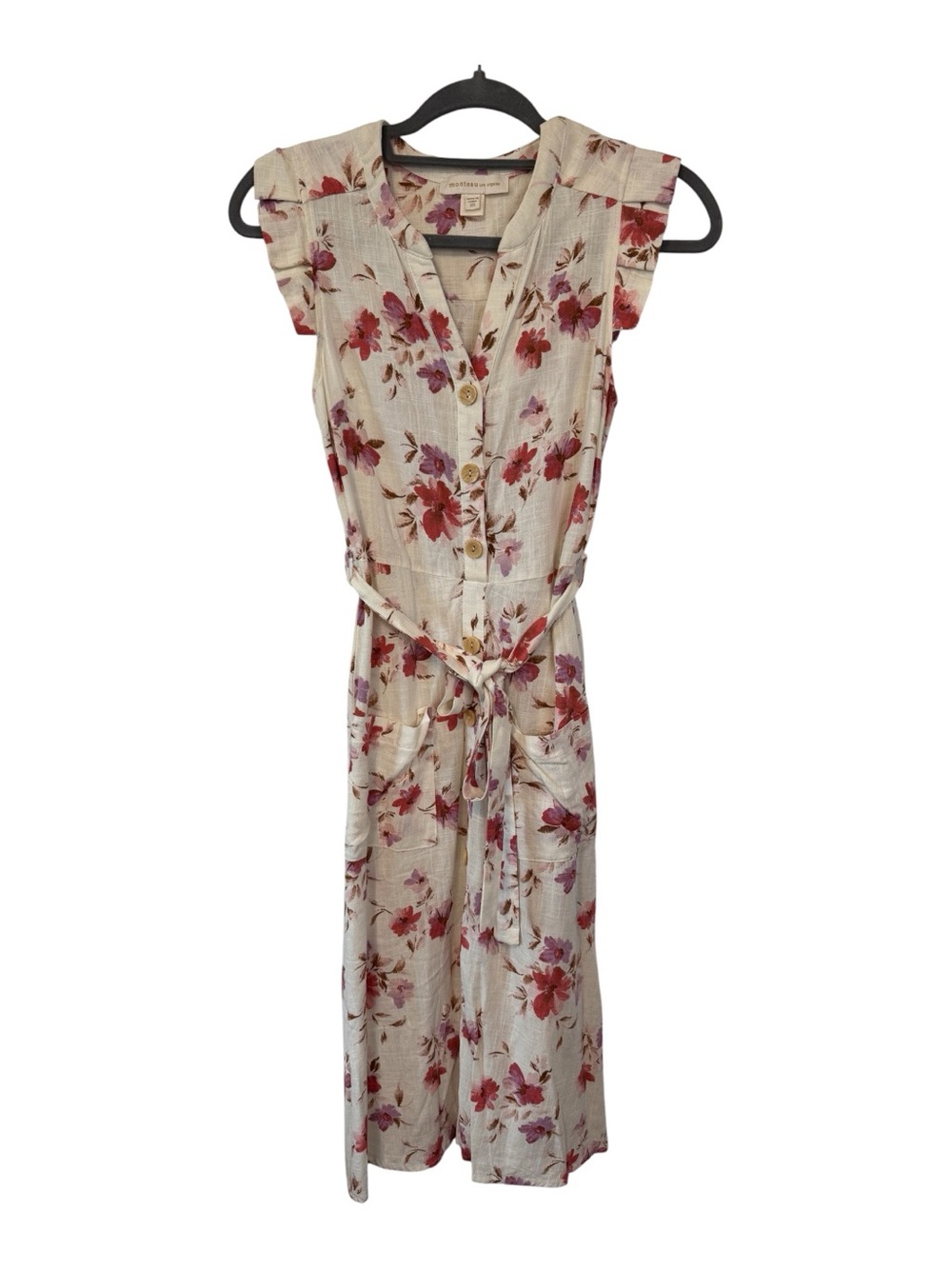 Monteau Cream Maxi Belted Dress with Pink Salmon Lavender Floral Print Size XS